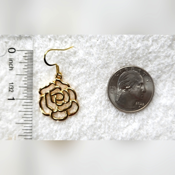 Gold Filigree Rose Statement Dangle Earrings / Pierced - Picture 5 of 5